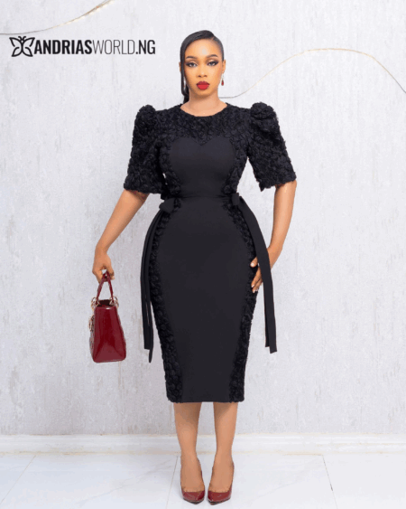 BLACK PUFFY SLEEVES PETAL DRESS